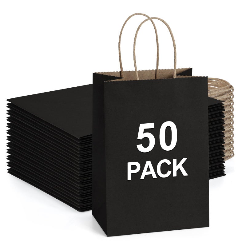 BagDream Small Gift Bags with Handles 50Pcs 5.25x3x8 Kraft Paper Bags Bulk for Party Favor, Retail, Merchandise, Wedding, Gifts, Recyclable Black Paper Sacks - Image 1